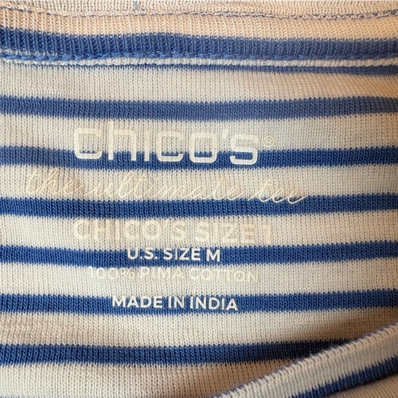 Chico’s 100% Pima cotton blue & white striped short sleeve crew neck shirt M - Picture 4 of 5